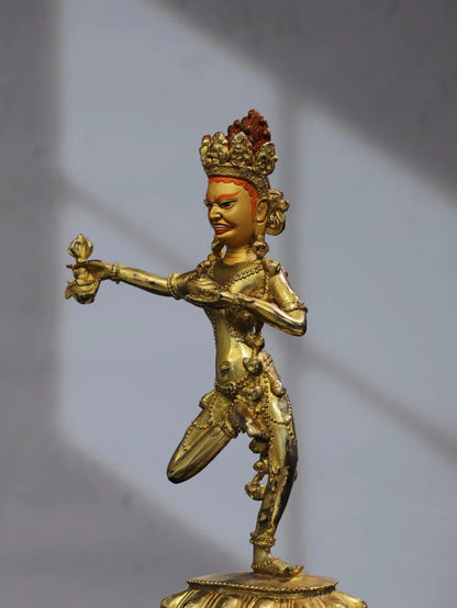 11"Tibet Temple Collection Old Bronze Gilding Cinnabar Painted DAKINI Backlit Vajravarahi Buddha Worship Hall Town house