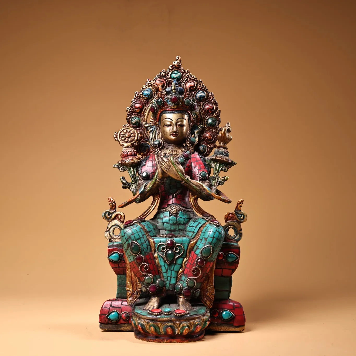 11"Tibet Temple Collection Old Bronze Outline in gold Mosaic Gem Turquoise MAITREYA Bodhisattva Buddha Worship Hall Town house