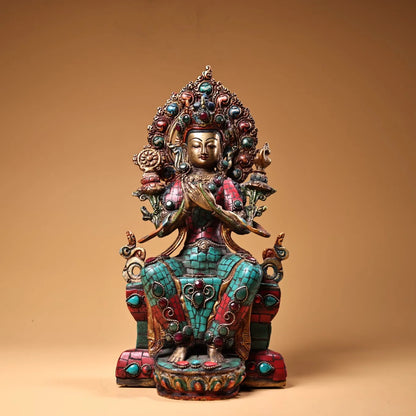 11"Tibet Temple Collection Old Bronze Outline in gold Mosaic Gem Turquoise MAITREYA Bodhisattva Buddha Worship Hall Town house