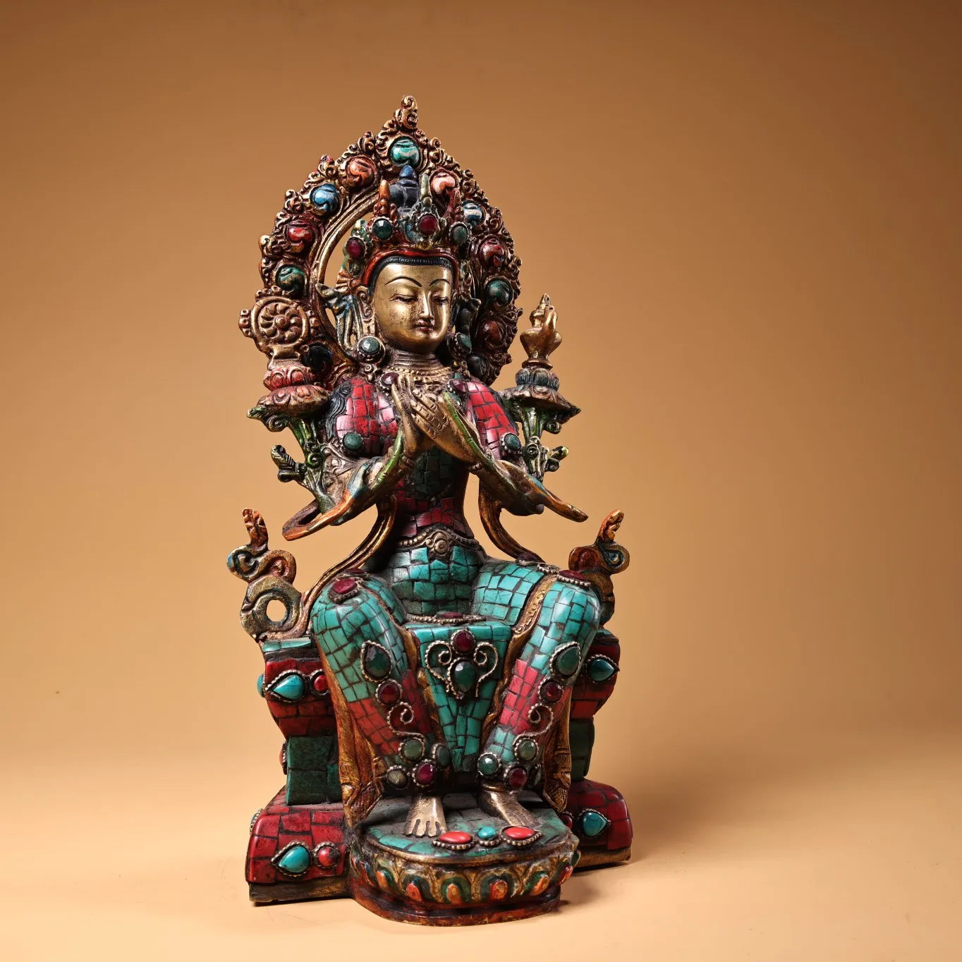 11"Tibet Temple Collection Old Bronze Outline in gold Mosaic Gem Turquoise MAITREYA Bodhisattva Buddha Worship Hall Town house