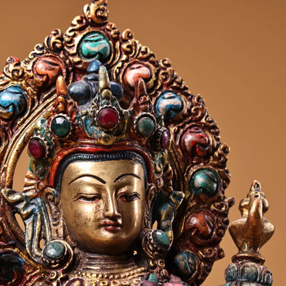 11"Tibet Temple Collection Old Bronze Outline in gold Mosaic Gem Turquoise MAITREYA Bodhisattva Buddha Worship Hall Town house