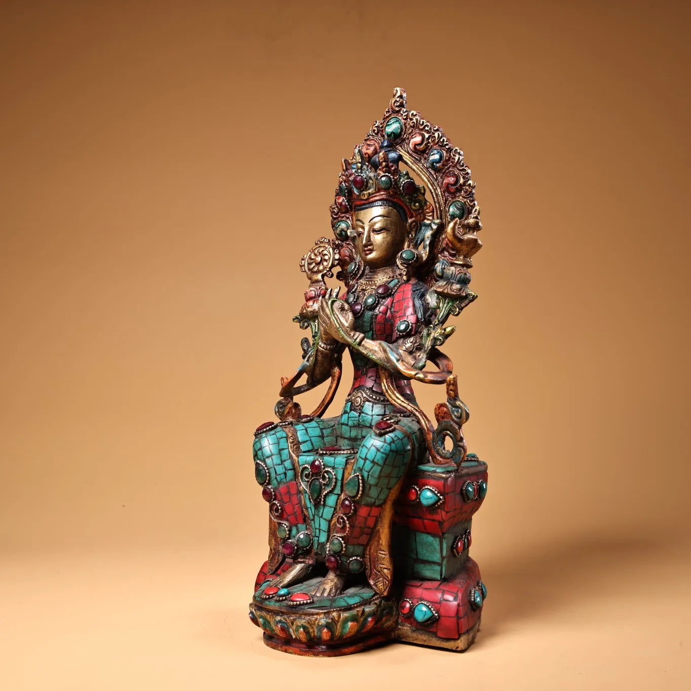 11"Tibet Temple Collection Old Bronze Outline in gold Mosaic Gem Turquoise MAITREYA Bodhisattva Buddha Worship Hall Town house