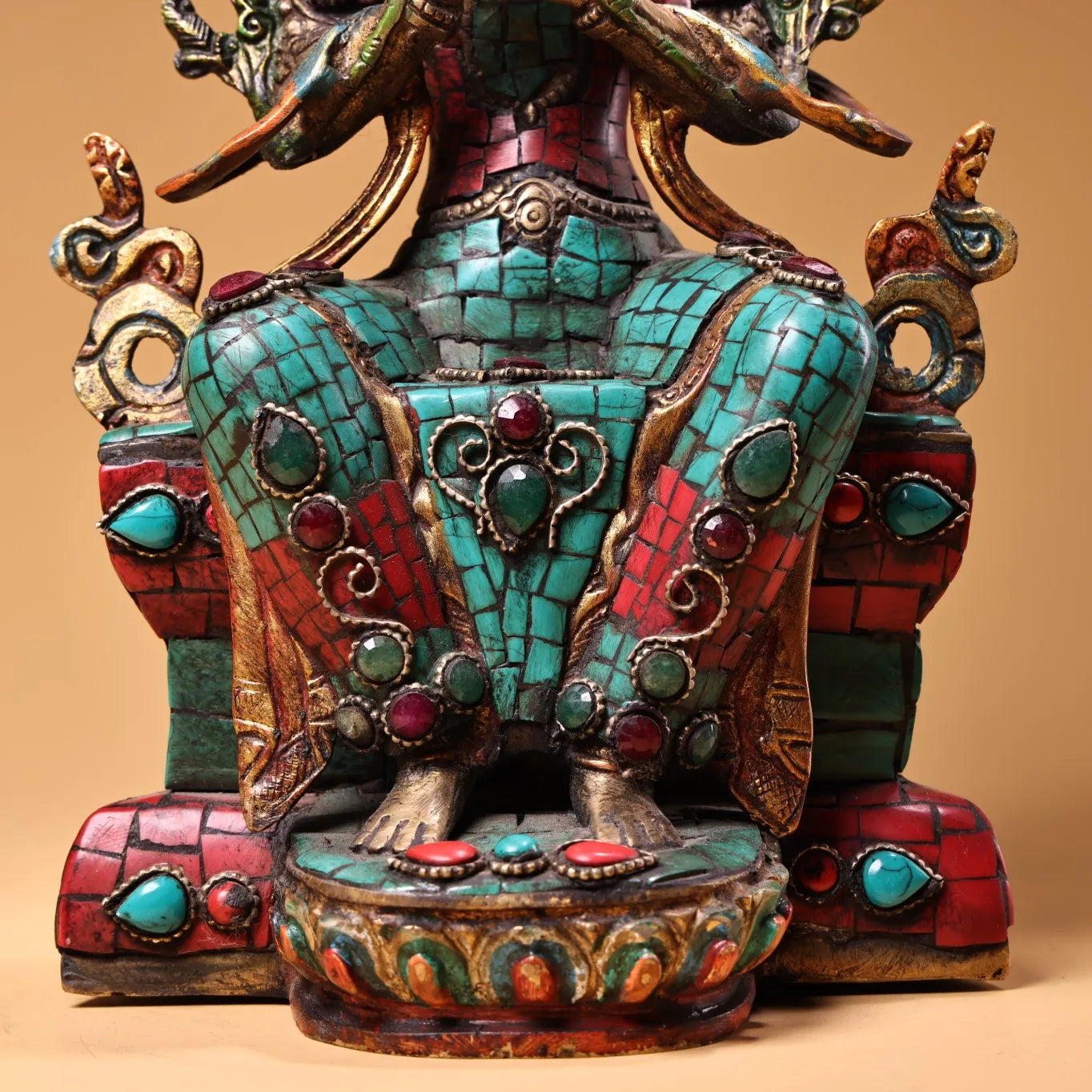 11"Tibet Temple Collection Old Bronze Outline in gold Mosaic Gem Turquoise MAITREYA Bodhisattva Buddha Worship Hall Town house