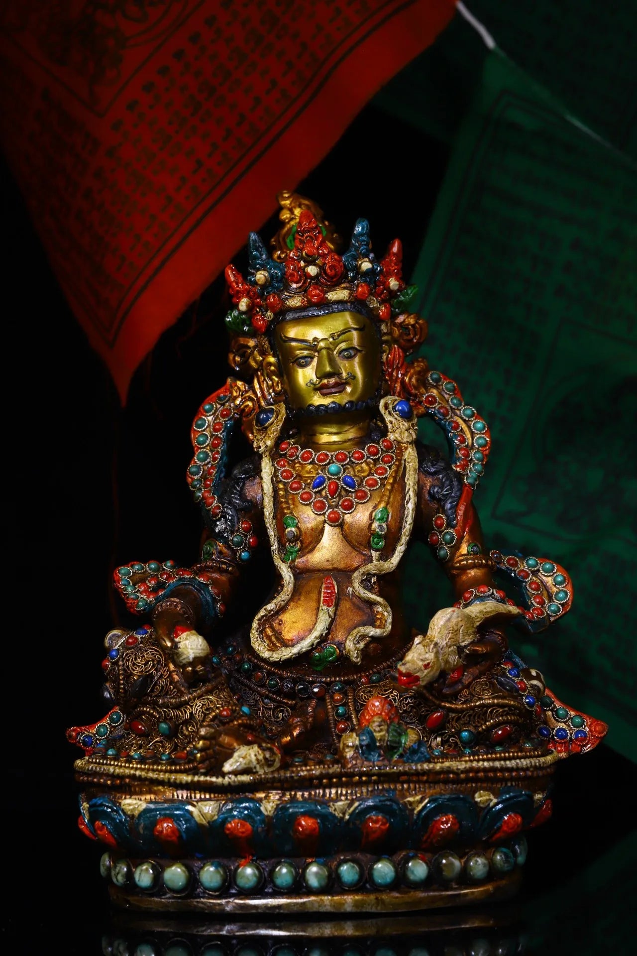11"Tibet Temple Collection Old Bronze mosaic Gem Outline in gold Yellow Jambhala Buddha Worship Hall Town house Exorcism