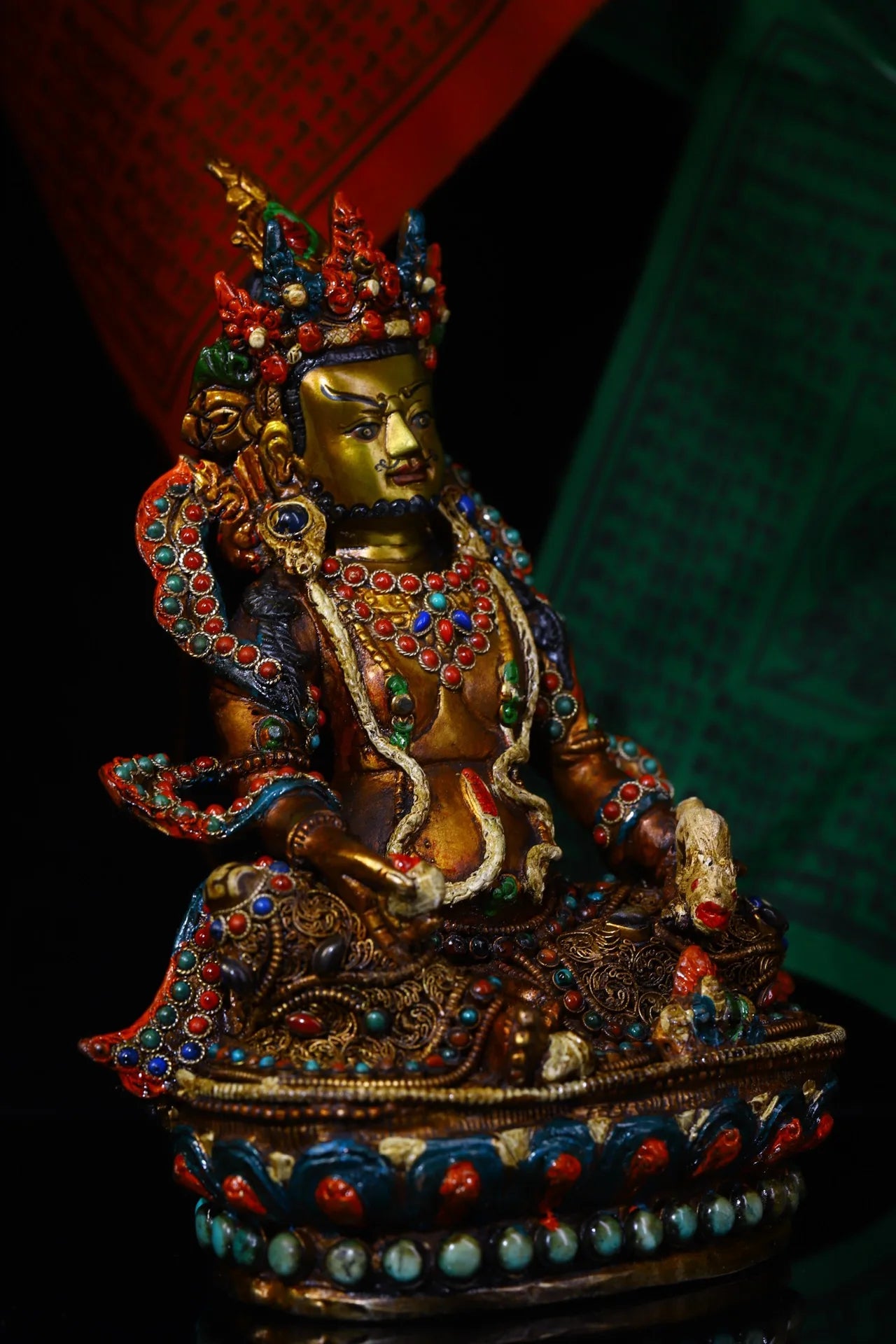 11"Tibet Temple Collection Old Bronze mosaic Gem Outline in gold Yellow Jambhala Buddha Worship Hall Town house Exorcism