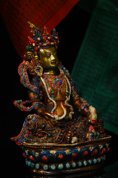 11"Tibet Temple Collection Old Bronze mosaic Gem Outline in gold Yellow Jambhala Buddha Worship Hall Town house Exorcism