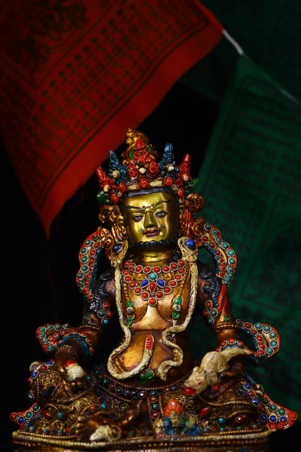 11"Tibet Temple Collection Old Bronze mosaic Gem Outline in gold Yellow Jambhala Buddha Worship Hall Town house Exorcism