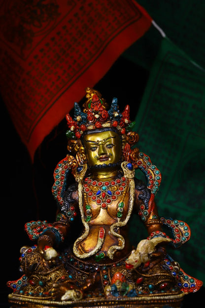 11"Tibet Temple Collection Old Bronze mosaic Gem Outline in gold Yellow Jambhala Buddha Worship Hall Town house Exorcism