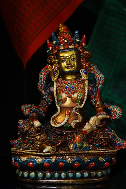 11"Tibet Temple Collection Old Bronze mosaic Gem Outline in gold Yellow Jambhala Buddha Worship Hall Town house Exorcism