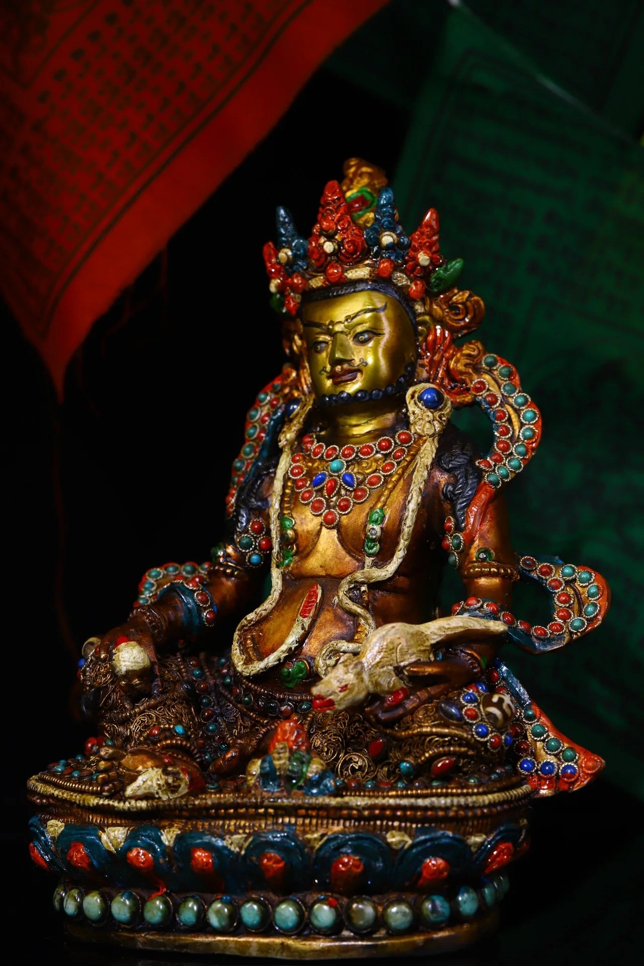 11"Tibet Temple Collection Old Bronze mosaic Gem Outline in gold Yellow Jambhala Buddha Worship Hall Town house Exorcism