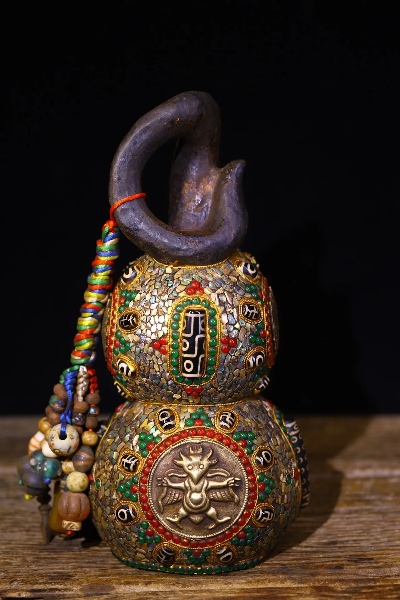 11”Tibet Temple Collection Old Natural Meteorites Mosaic Gem gZi Beads Shell GARUDA Town house Gourd Amulet Worship Hall