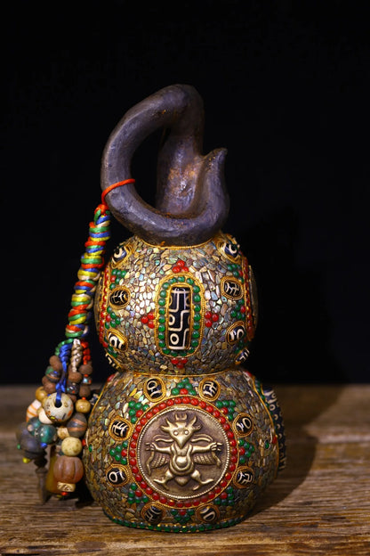 11”Tibet Temple Collection Old Natural Meteorites Mosaic Gem gZi Beads Shell GARUDA Town house Gourd Amulet Worship Hall