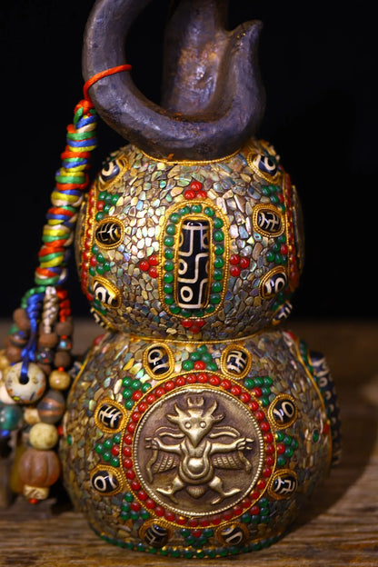 11”Tibet Temple Collection Old Natural Meteorites Mosaic Gem gZi Beads Shell GARUDA Town house Gourd Amulet Worship Hall