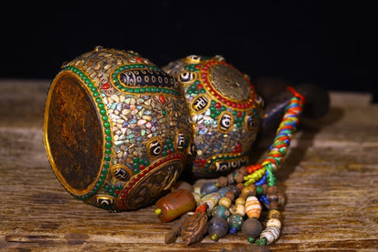 11”Tibet Temple Collection Old Natural Meteorites Mosaic Gem gZi Beads Shell GARUDA Town house Gourd Amulet Worship Hall