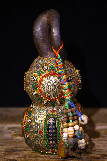 11”Tibet Temple Collection Old Natural Meteorites Mosaic Gem gZi Beads Shell GARUDA Town house Gourd Amulet Worship Hall