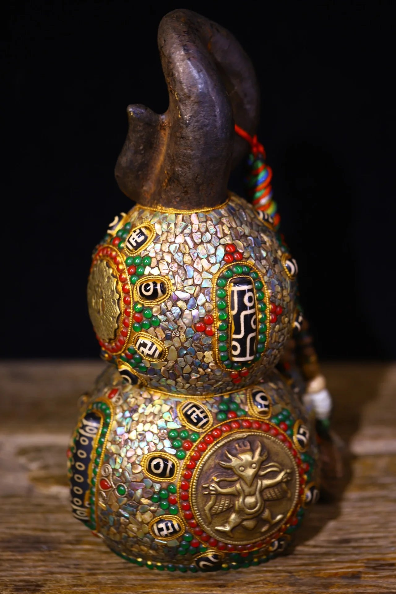 11”Tibet Temple Collection Old Natural Meteorites Mosaic Gem gZi Beads Shell GARUDA Town house Gourd Amulet Worship Hall