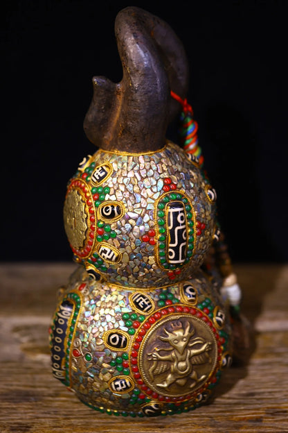 11”Tibet Temple Collection Old Natural Meteorites Mosaic Gem gZi Beads Shell GARUDA Town house Gourd Amulet Worship Hall