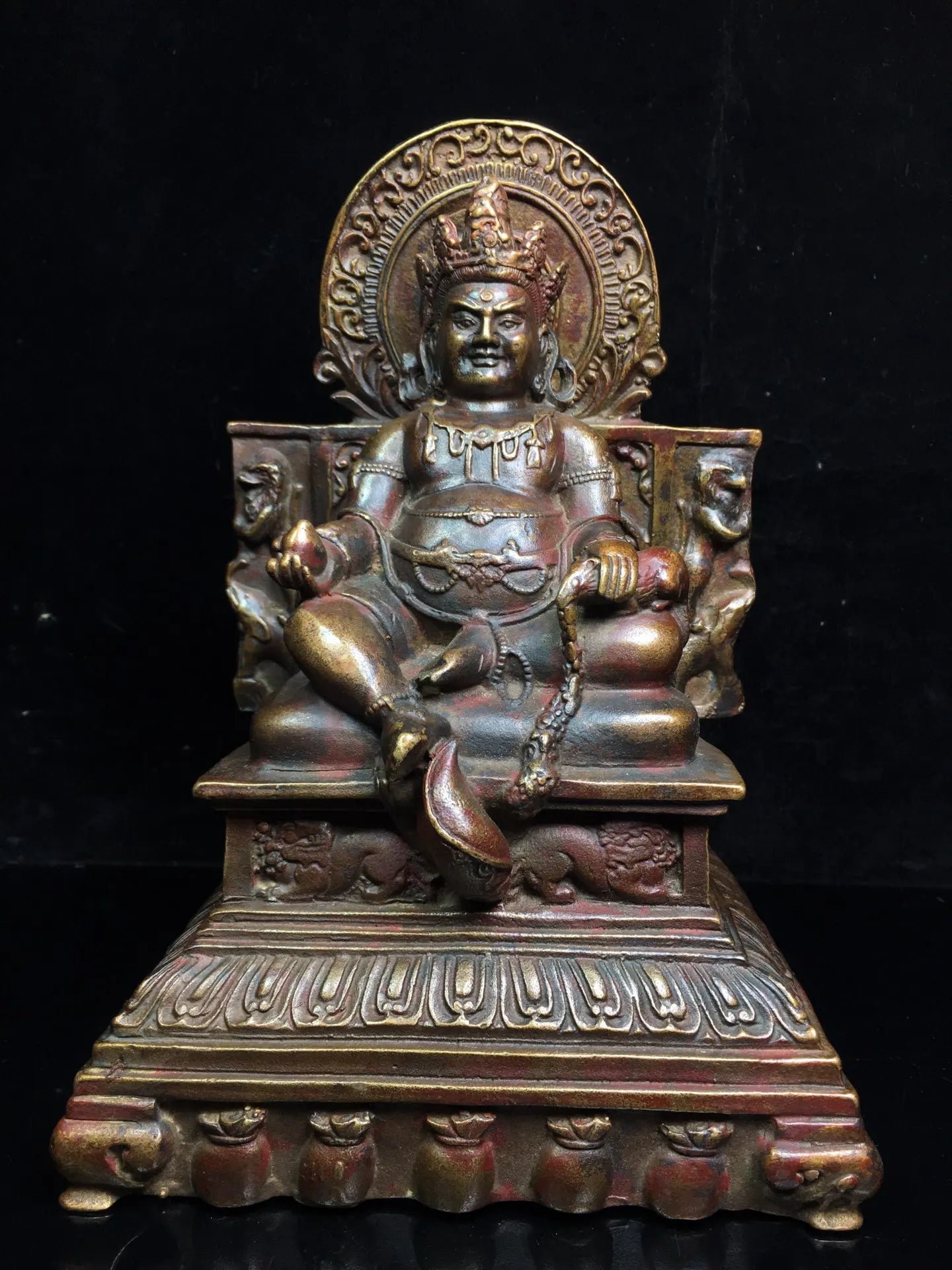 11"Tibetan Temple Collection Bronze Cinnabar mud gold Northern Wei Buddha Huang Caishen Buddha Terrace Sitting Buddha Exorcism