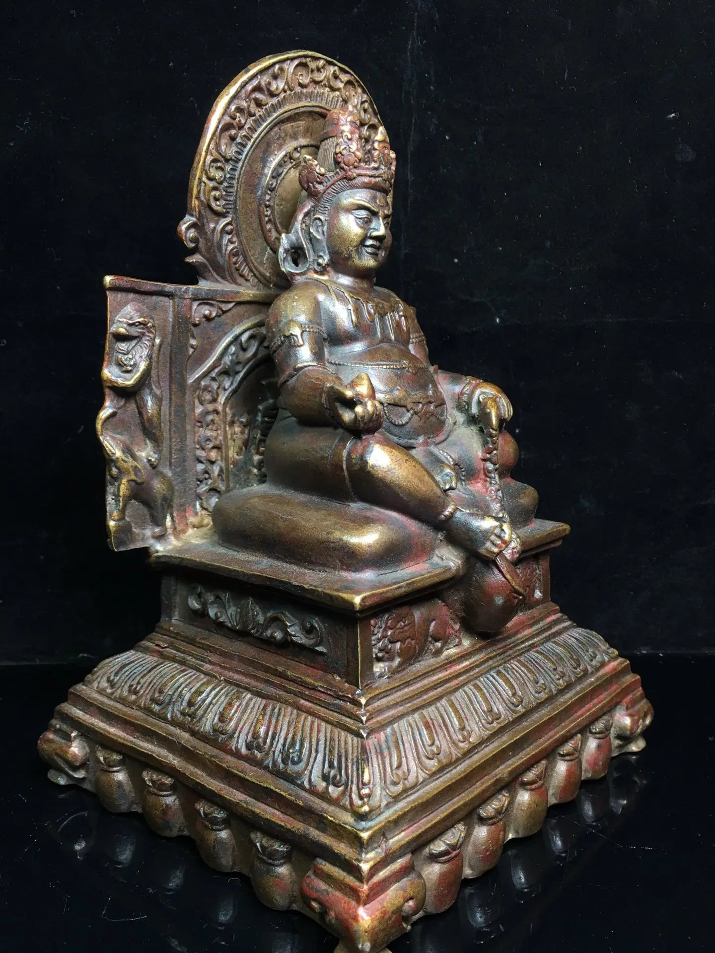 11"Tibetan Temple Collection Bronze Cinnabar mud gold Northern Wei Buddha Huang Caishen Buddha Terrace Sitting Buddha Exorcism