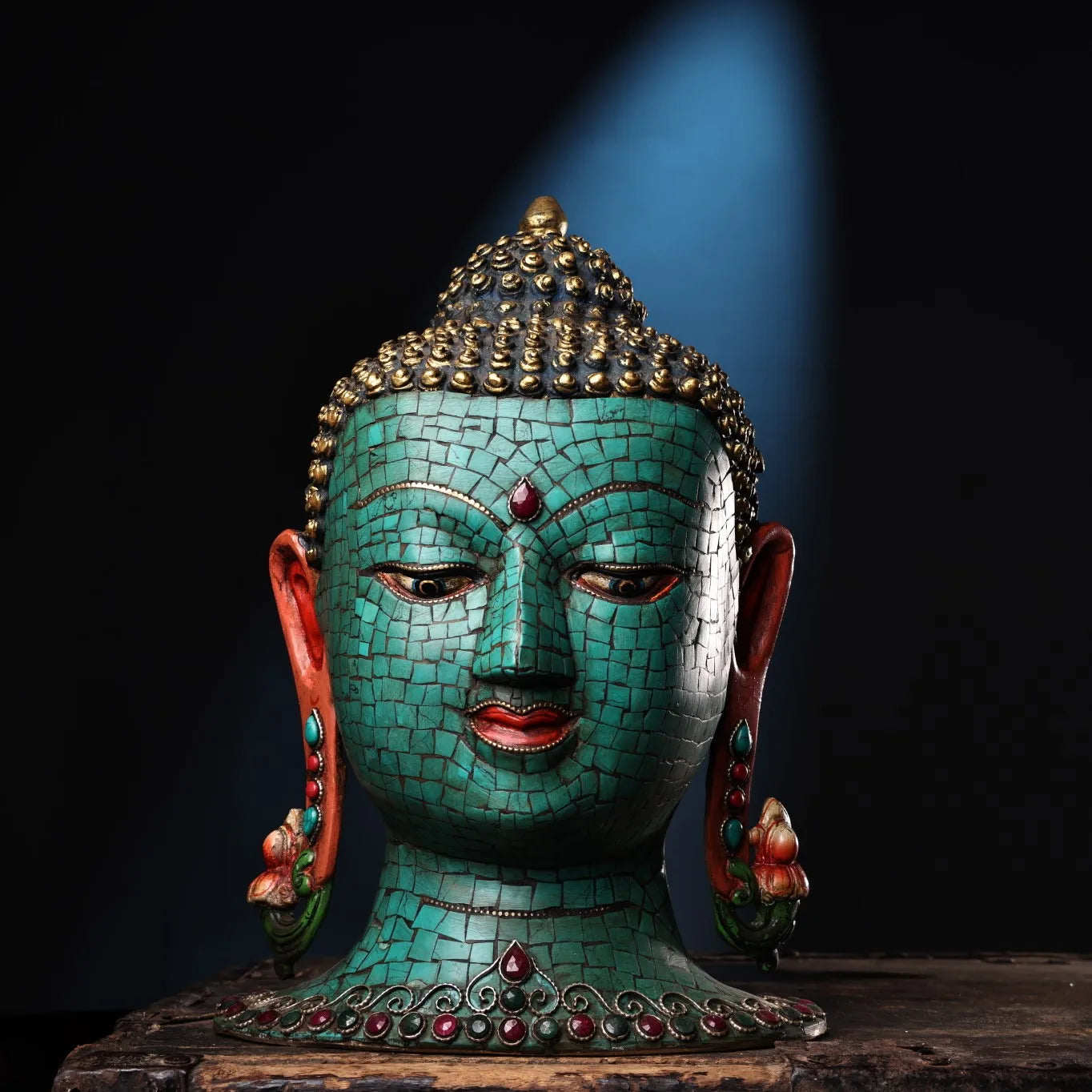 11"Tibetan Temple Collection Bronze Outline in gold Mosaic Gem Turquoise Sakyamuni Buddha Head Amitabha Worship hall Town House