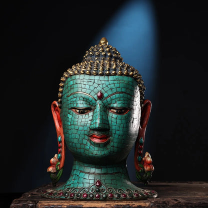 11"Tibetan Temple Collection Bronze Outline in gold Mosaic Gem Turquoise Sakyamuni Buddha Head Amitabha Worship hall Town House