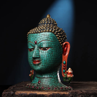 11"Tibetan Temple Collection Bronze Outline in gold Mosaic Gem Turquoise Sakyamuni Buddha Head Amitabha Worship hall Town House