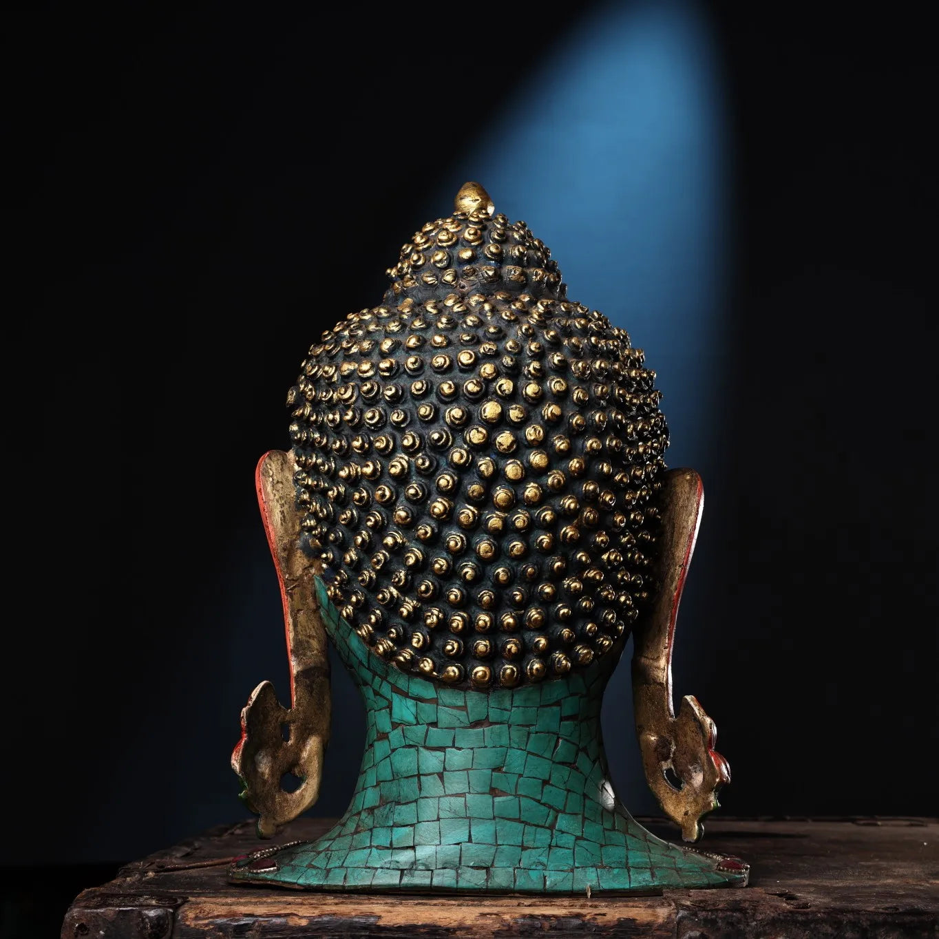 11"Tibetan Temple Collection Bronze Outline in gold Mosaic Gem Turquoise Sakyamuni Buddha Head Amitabha Worship hall Town House