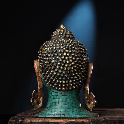 11"Tibetan Temple Collection Bronze Outline in gold Mosaic Gem Turquoise Sakyamuni Buddha Head Amitabha Worship hall Town House