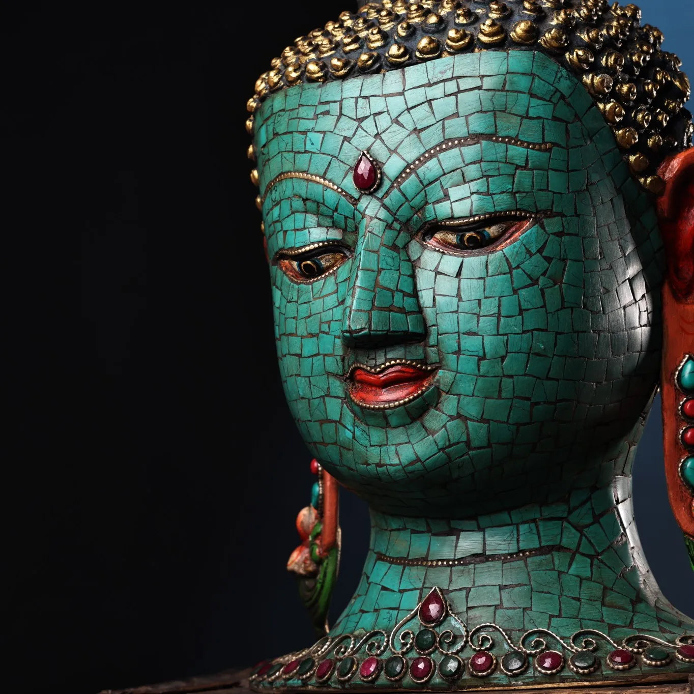 11"Tibetan Temple Collection Bronze Outline in gold Mosaic Gem Turquoise Sakyamuni Buddha Head Amitabha Worship hall Town House