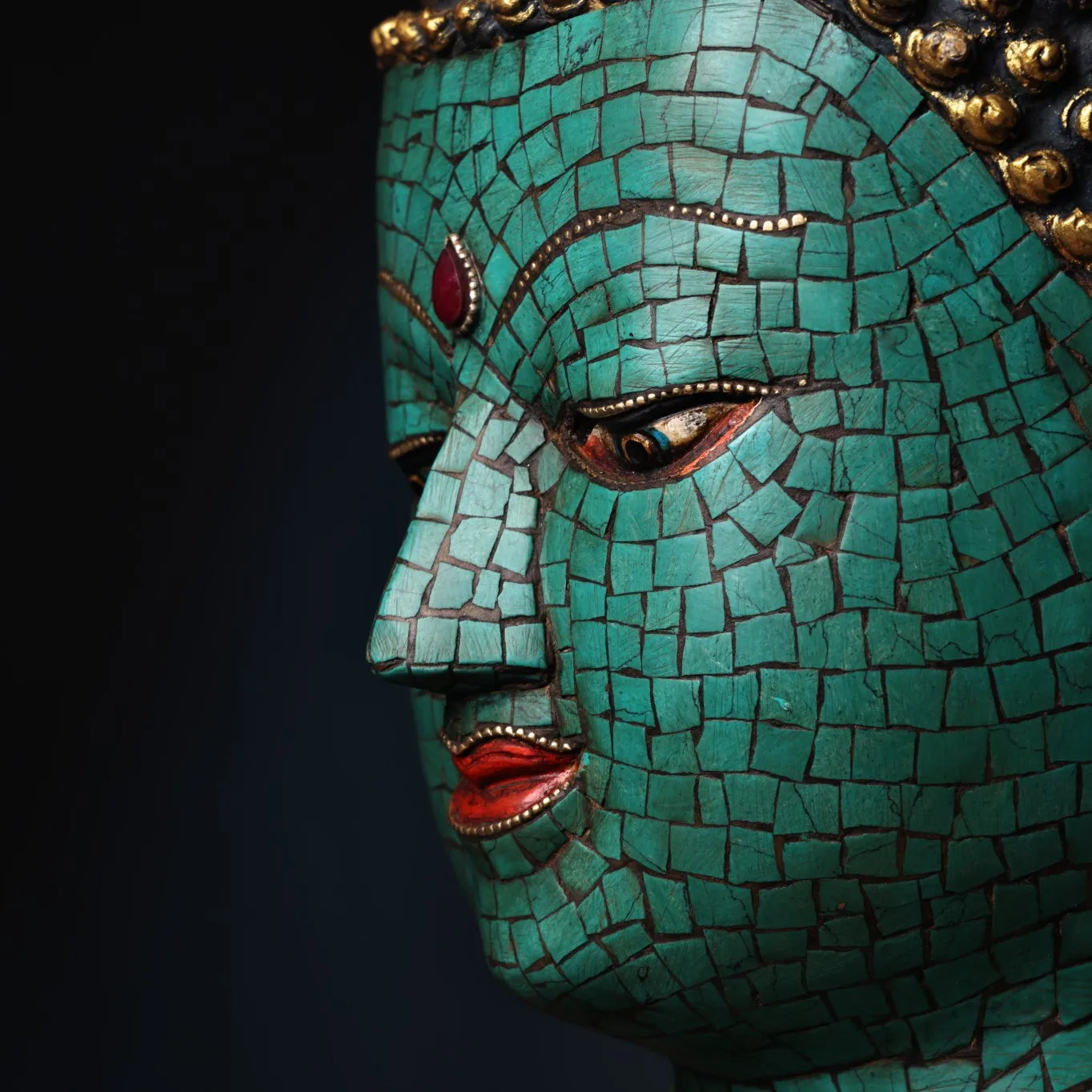 11"Tibetan Temple Collection Bronze Outline in gold Mosaic Gem Turquoise Sakyamuni Buddha Head Amitabha Worship hall Town House