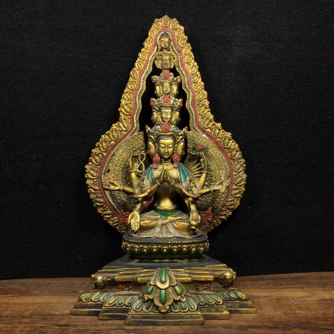 11”Tibetan Temple Collection Bronze Painted Cundhi Bodhisattva Thousand Hands Guanyin Sitting Buddha Ornaments Town House