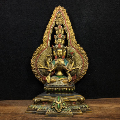 11”Tibetan Temple Collection Bronze Painted Cundhi Bodhisattva Thousand Hands Guanyin Sitting Buddha Ornaments Town House