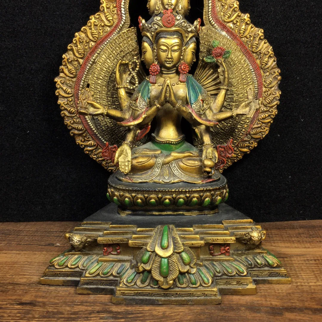 11”Tibetan Temple Collection Bronze Painted Cundhi Bodhisattva Thousand Hands Guanyin Sitting Buddha Ornaments Town House