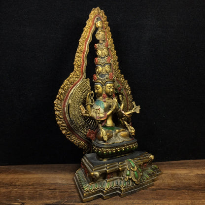 11”Tibetan Temple Collection Bronze Painted Cundhi Bodhisattva Thousand Hands Guanyin Sitting Buddha Ornaments Town House