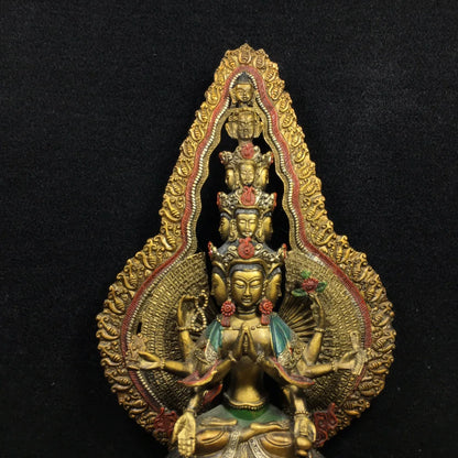 11”Tibetan Temple Collection Bronze Painted Cundhi Bodhisattva Thousand Hands Guanyin Sitting Buddha Ornaments Town House