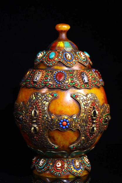 11”Tibetan Temple Collection Old Beeswax Mosaic Gem gZi Beads Shell Lotus Vajra Treasure jar Buddha jar Worship Hall