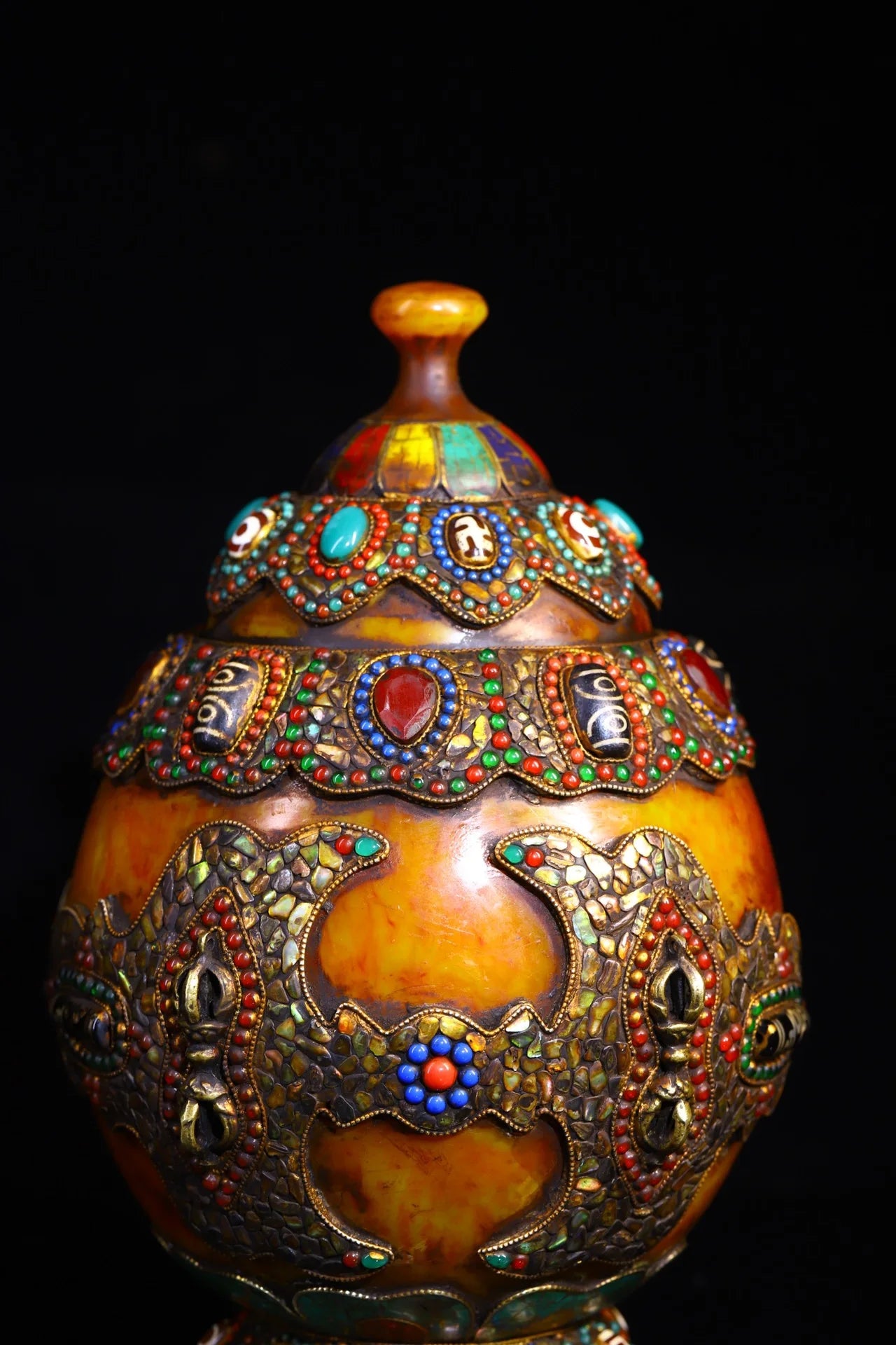 11”Tibetan Temple Collection Old Beeswax Mosaic Gem gZi Beads Shell Lotus Vajra Treasure jar Buddha jar Worship Hall