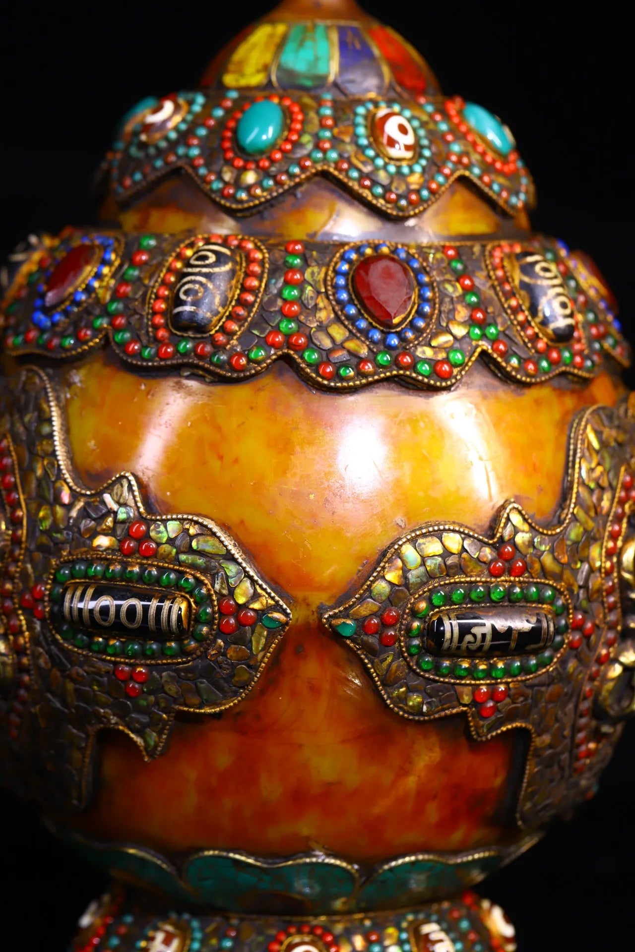 11”Tibetan Temple Collection Old Beeswax Mosaic Gem gZi Beads Shell Lotus Vajra Treasure jar Buddha jar Worship Hall