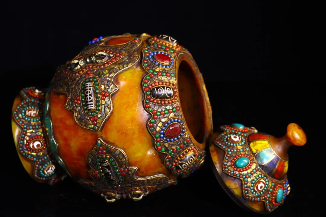 11”Tibetan Temple Collection Old Beeswax Mosaic Gem gZi Beads Shell Lotus Vajra Treasure jar Buddha jar Worship Hall