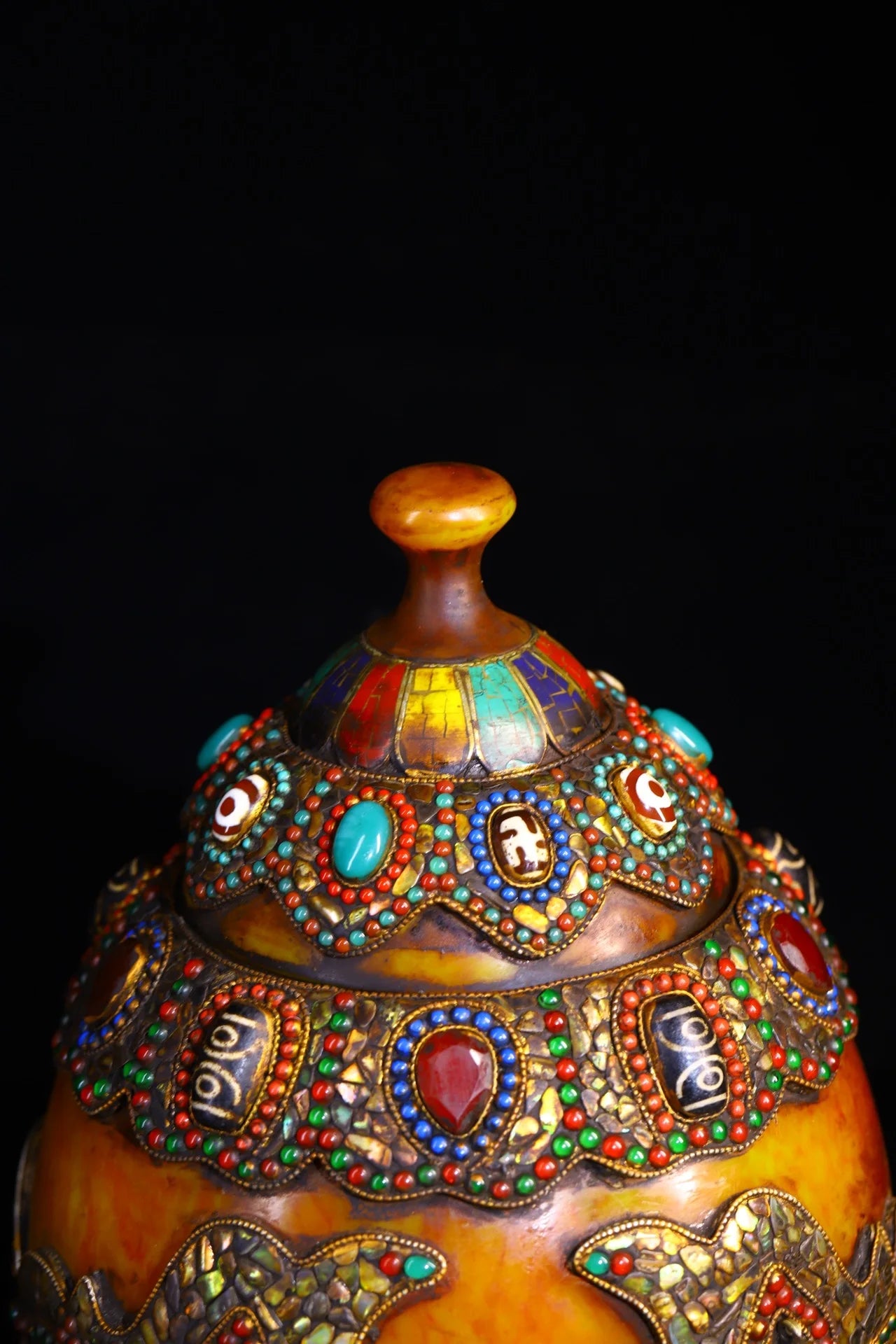 11”Tibetan Temple Collection Old Beeswax Mosaic Gem gZi Beads Shell Lotus Vajra Treasure jar Buddha jar Worship Hall