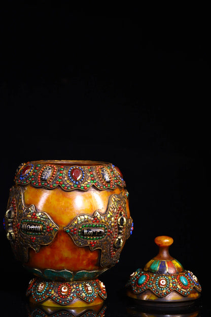 11”Tibetan Temple Collection Old Beeswax Mosaic Gem gZi Beads Shell Lotus Vajra Treasure jar Buddha jar Worship Hall