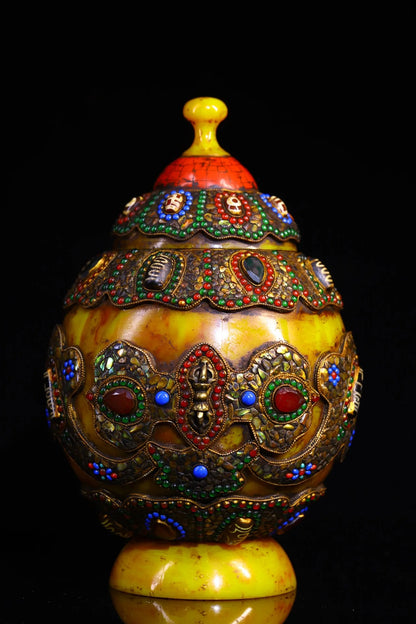 11"Tibetan Temple Collection Old Beeswax Mosaic Gem gZi Beads Shell Tibetan silver Treasure Jar Relics jar Town house Exorcism
