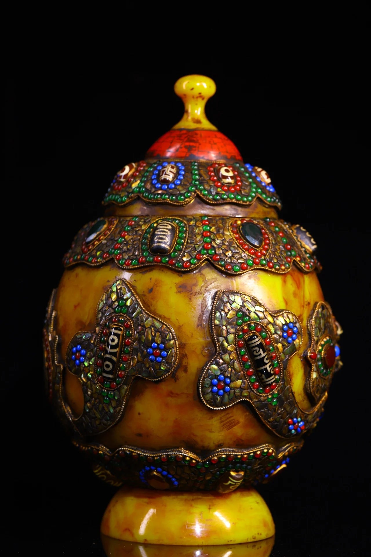 11"Tibetan Temple Collection Old Beeswax Mosaic Gem gZi Beads Shell Tibetan silver Treasure Jar Relics jar Town house Exorcism