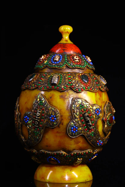 11"Tibetan Temple Collection Old Beeswax Mosaic Gem gZi Beads Shell Tibetan silver Treasure Jar Relics jar Town house Exorcism