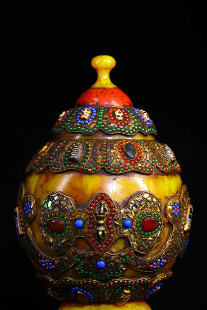 11"Tibetan Temple Collection Old Beeswax Mosaic Gem gZi Beads Shell Tibetan silver Treasure Jar Relics jar Town house Exorcism