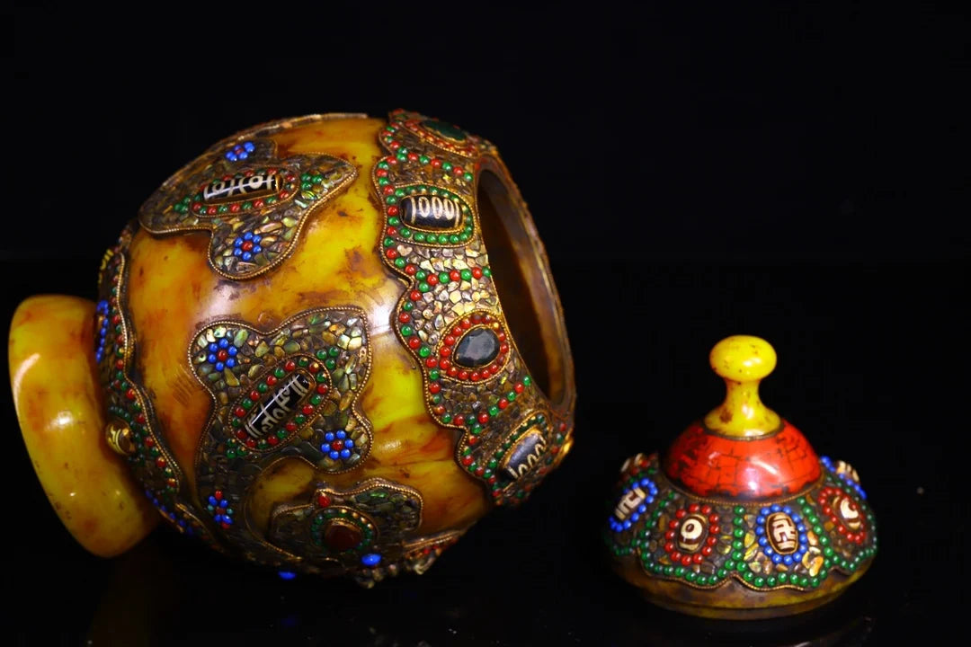 11"Tibetan Temple Collection Old Beeswax Mosaic Gem gZi Beads Shell Tibetan silver Treasure Jar Relics jar Town house Exorcism