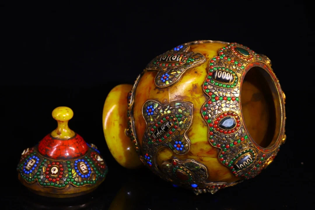 11"Tibetan Temple Collection Old Beeswax Mosaic Gem gZi Beads Shell Tibetan silver Treasure Jar Relics jar Town house Exorcism