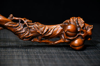 11"Tibetan Temple Collection Old Boxwood Shou Tao Wishful Fushou Ruyi Office Ornaments Town House Exorcism