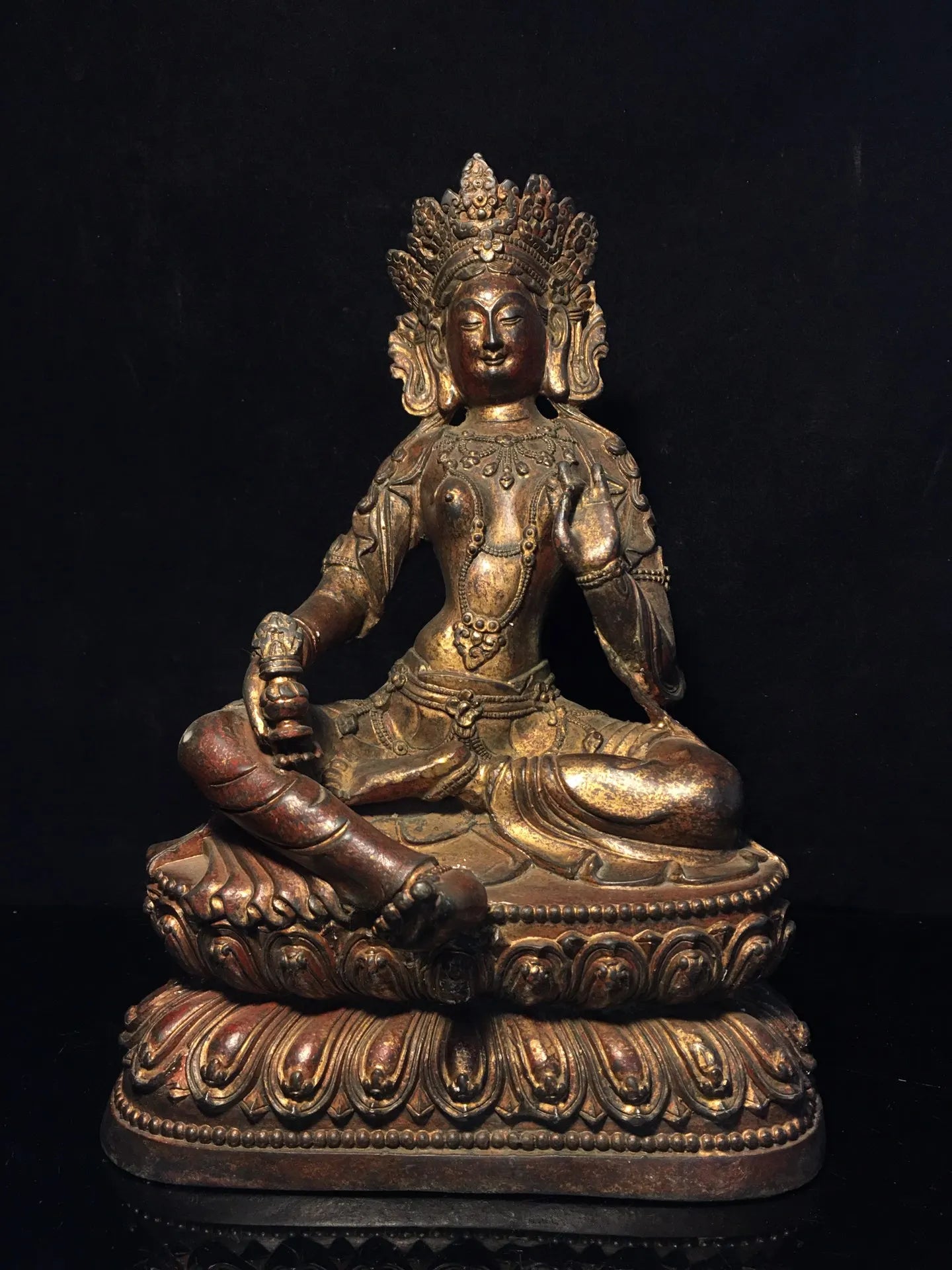 11"Tibetan Temple Collection Old Bronze Cinnabar Muddy gold Green Tara Bodhisattva Buddha Lotus Platform Worship Hall Town House