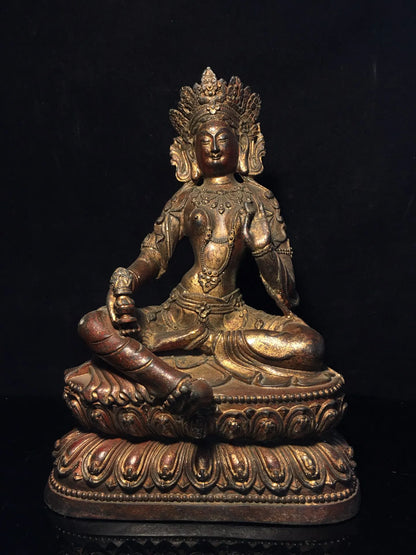 11"Tibetan Temple Collection Old Bronze Cinnabar Muddy gold Green Tara Bodhisattva Buddha Lotus Platform Worship Hall Town House